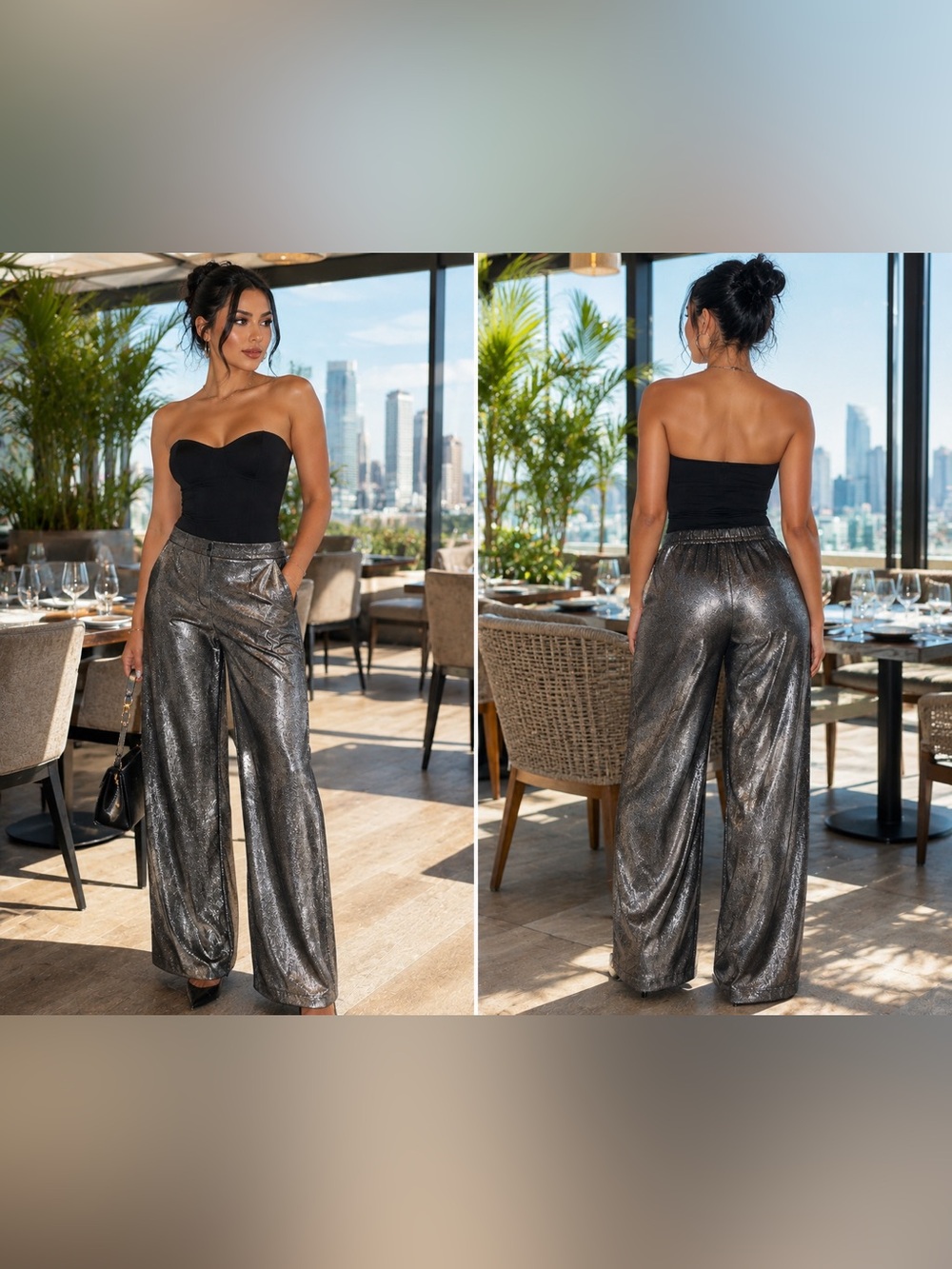Metallic Wide-Leg Evening Pants